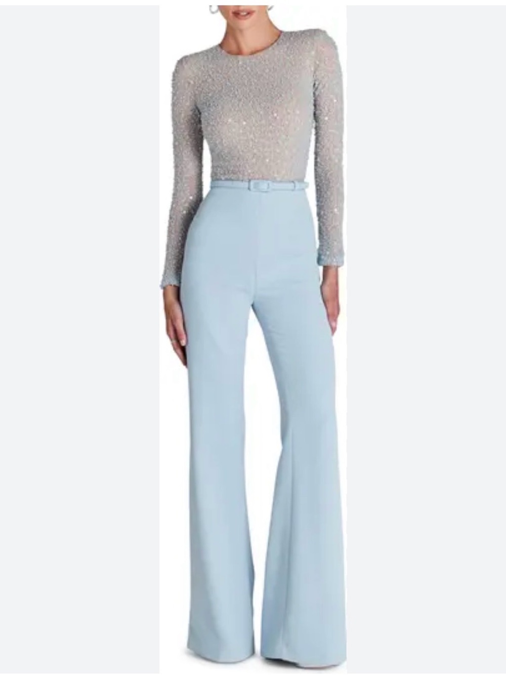 NADINE MERABI Beaded Champagne and Light Blue Jumpsuit